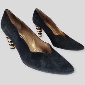 Vtg 80s Stuart Weitzman Black Suede Bubble Stacked Heels size 8AA (narrow)